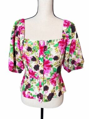 BCBGMAXAZRIA Woman’s Floral Puff Sleeve Linen-Blend Peplum Top Size Medium